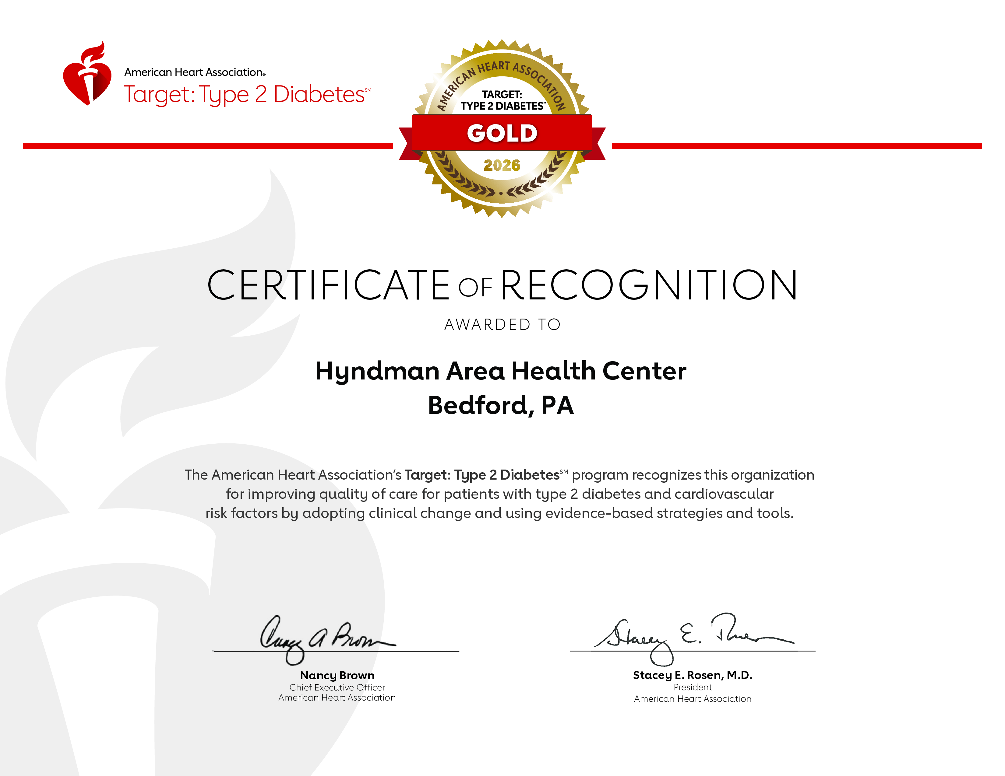 2026 American Heart Association Target: Type 2 Diabetes Gold Certificate of Recognition awarded to Hyndman Area Health Center, Bedford, PA